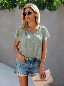 Tie Neck Dalmatian Print Blouse - Mint Green - View 3