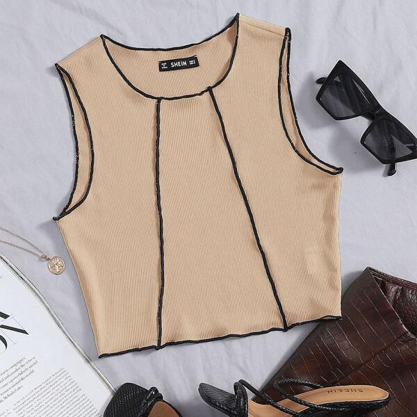 

Stitch Trim Rib-knit Tank Crop Top, Khaki