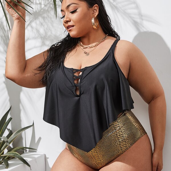 

Plus Snakeskin Metallic Hanky Hem Bikini Swimsuit, Multicolor