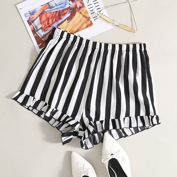 

Elastic Waist Ruffle Hem Striped Shorts, Black and white