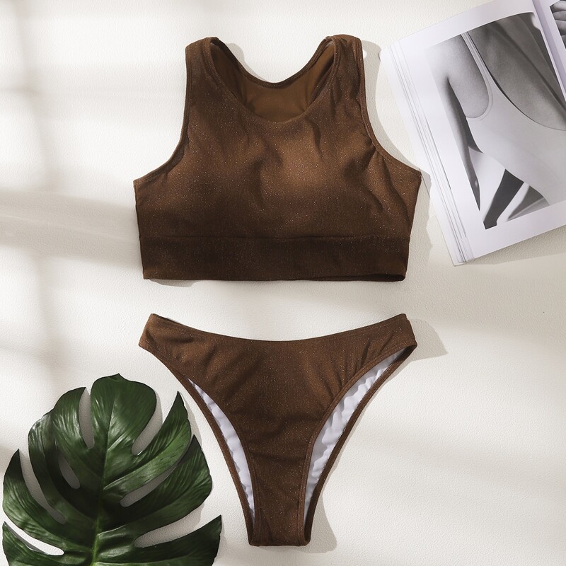 

Plain Scoop Neck Bikini Swimsuit, Coffee brown