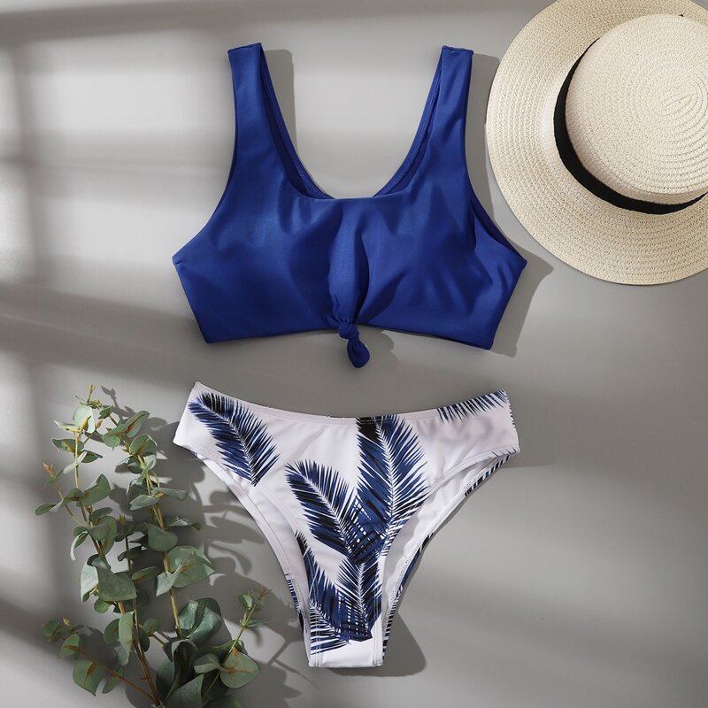 

Leaf Print Knot Detail Bikini Swimsuit, Blue
