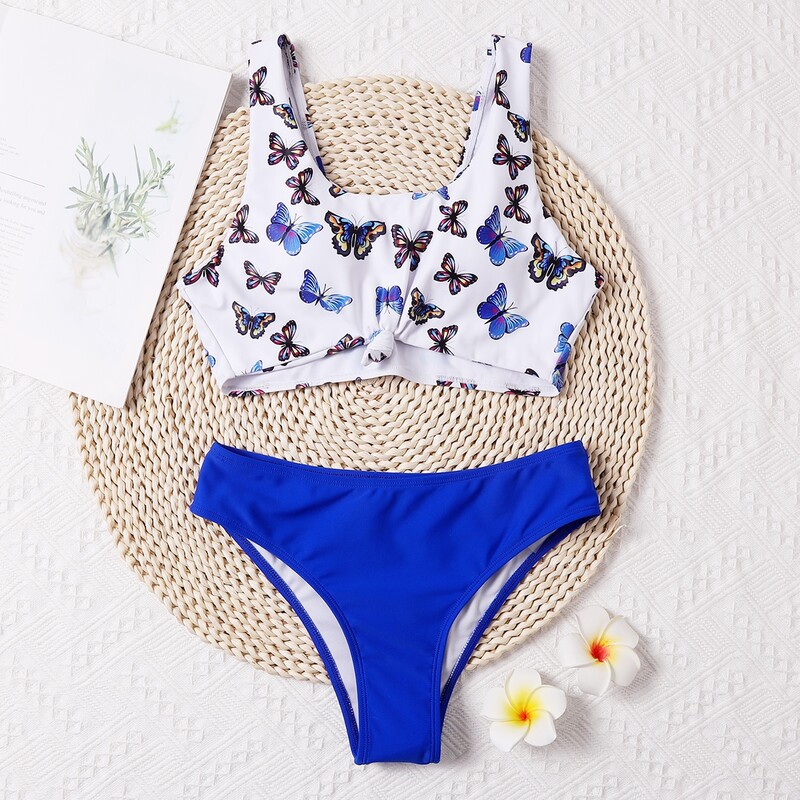

Butterfly Print Knot Detail Bikini Swimsuit, Multicolor
