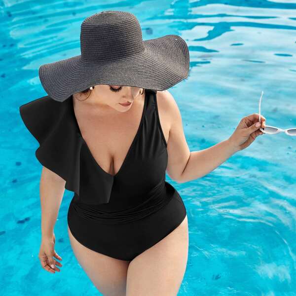 

Plus Ruffle Trim One Piece Swimsuit, Black