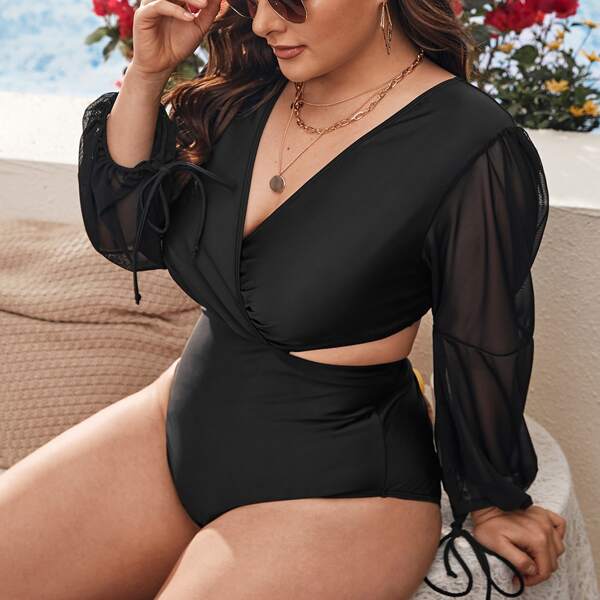 

Plus Mesh Sleeve Cut-out One Piece Swimsuit, Black