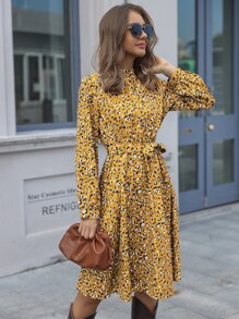 SHEIN LUNE Mock-neck Belted Leopard Dress