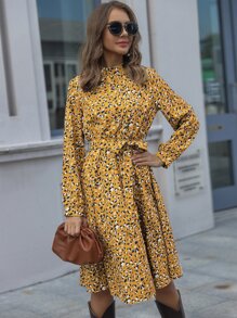 SHEIN LUNE Mock-neck Belted Leopard Dress