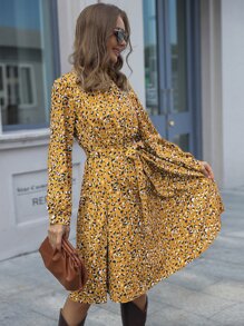 SHEIN LUNE Mock-neck Belted Leopard Dress