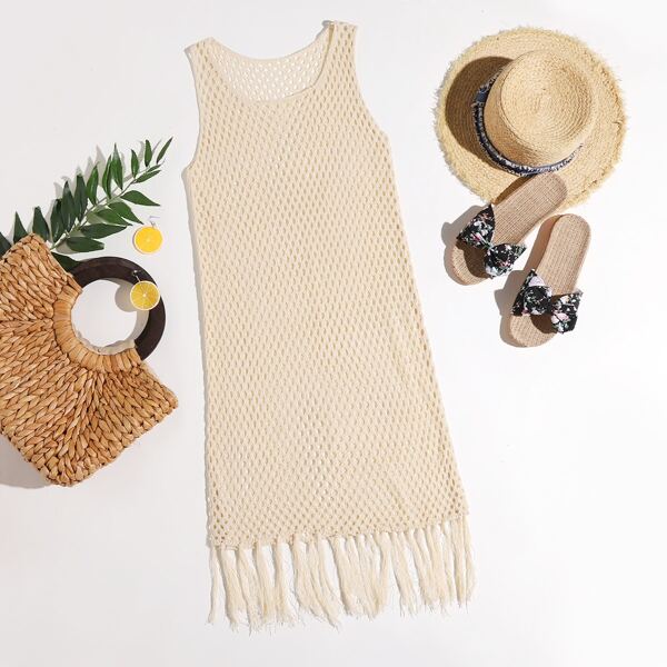 

Fringe Hem Open Knit Cover Up, Khaki