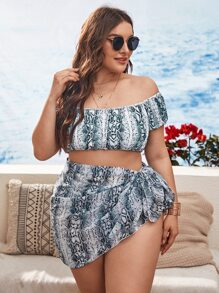 加大码 3 件装 蛇皮印花 Bardot 比基尼套装和沙滩裙 夏季海滩装 - 彩色 - 查看 1