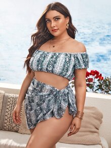 加大码 3 件装 蛇皮印花 Bardot 比基尼套装和沙滩裙 夏季海滩装 - 彩色 - 查看 3