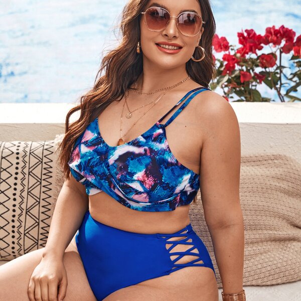 

Plus Tie Dye Crisscross Bikini Swimsuit, Blue