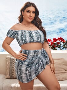 加大码 3 件装 蛇皮印花 Bardot 比基尼套装和沙滩裙 夏季海滩装 - 彩色 - 查看 4