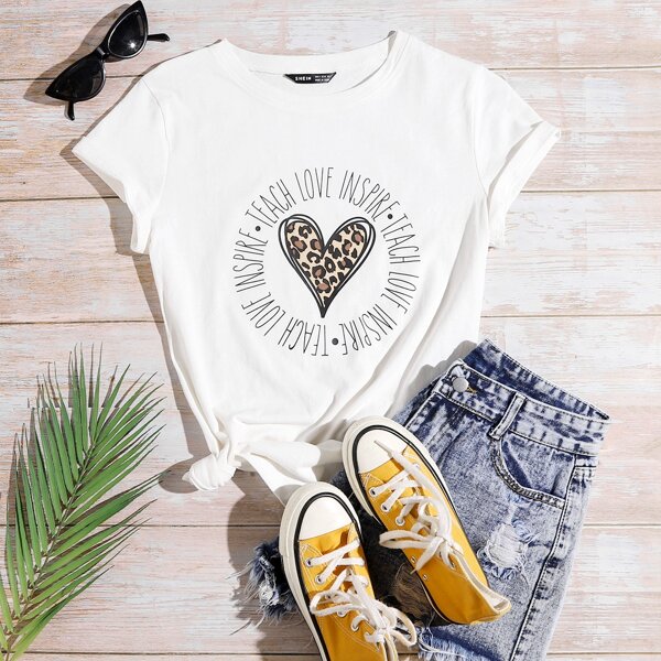 

Leopard Heart And Letter Graphic Tee, White
