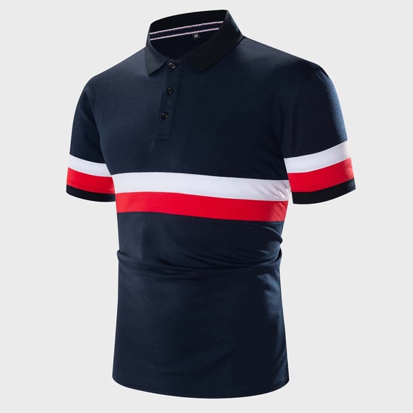 

Men Striped Half Button Polo Shirt, Navy blue