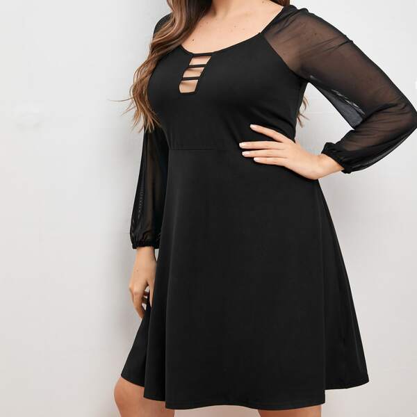 

Plus Cut Out Contrast Mesh Dress, Black