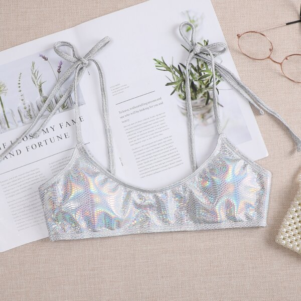 

Snakeskin Metallic Tie Shoulder Bikini Top, Silver