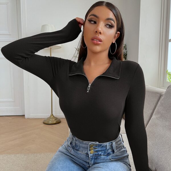

Ribbed Half Zip Crop Tee, Black