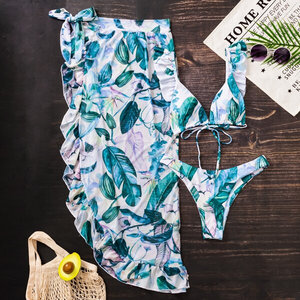 

3pack Plant Print Triangle Bikini Swimsuit & Beach Skirt, Multicolor