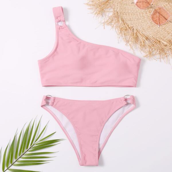 

Ring Linked One Shoulder Bikini Swimsuit, Dusty pink