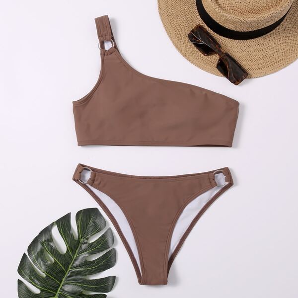 

Ring Linked One Shoulder Bikini Swimsuit, Mocha brown