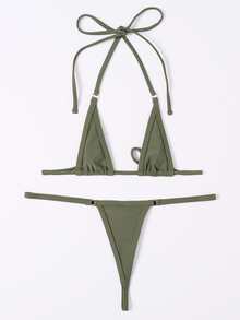 Micro Triangle Thong Bikini Set, For Summer Beach Vacation - Army Green - View 3
