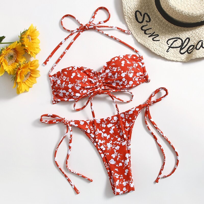 

Ditsy Floral Drawstring Bikini Swimsuit, Red