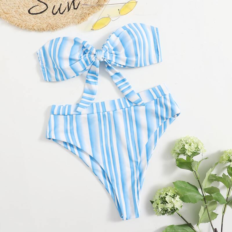 

Stripe Knot Front Bikini Swimsuit, Blue and white