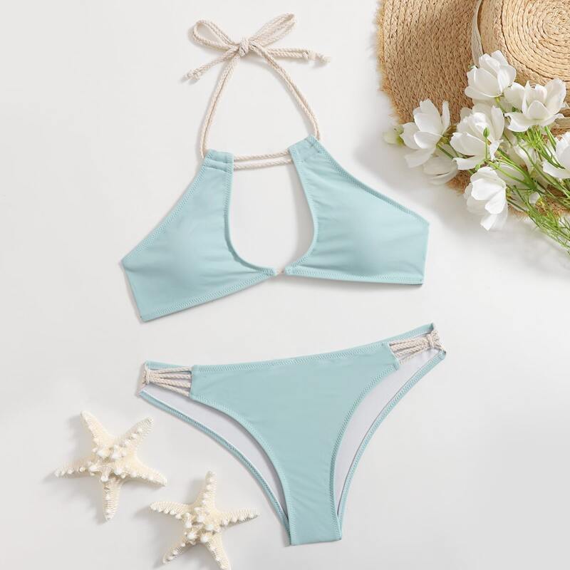 

Cut-out Halter Bikini Swimsuit, Baby blue