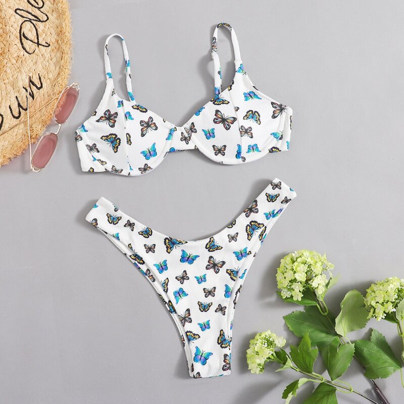 

Butterfly Print Underwire Bikini Swimsuit, Multicolor