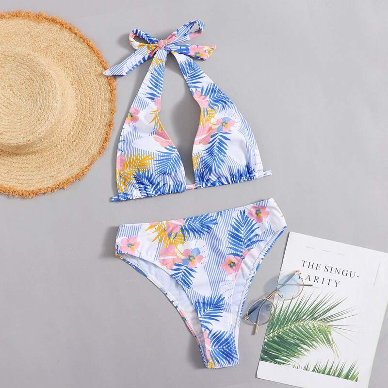 

Floral & Leaf Print Bikini Swimsuit, Multicolor