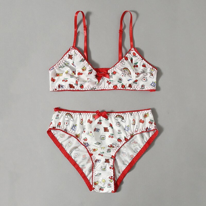 

Cartoon Pattern Mesh Lingerie Set, Red and white