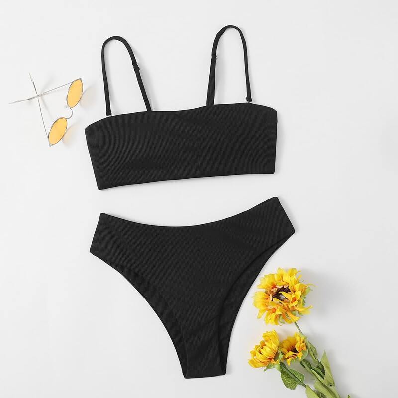 

Ribbed Cami Bikini Swimsuit, Black