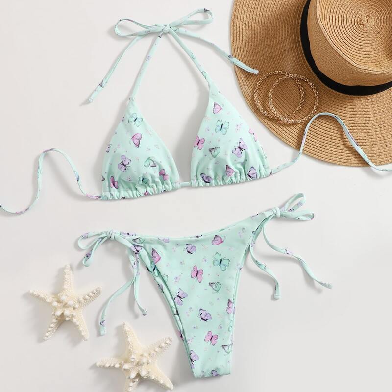 

Butterfly Print Tie Side Bikini Swimsuit, Multicolor