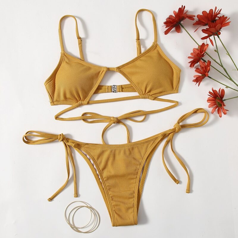 

Cut-out Tie Side Bikini Swimsuit, Yellow