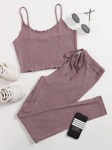 SHEIN EZwear 大碼華夫格針織吊帶上衣和緊身褲套裝 - 藕粉色 - 查看 1