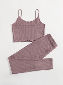 SHEIN EZwear 大碼華夫格針織吊帶上衣和緊身褲套裝 - 藕粉色 - 查看 2