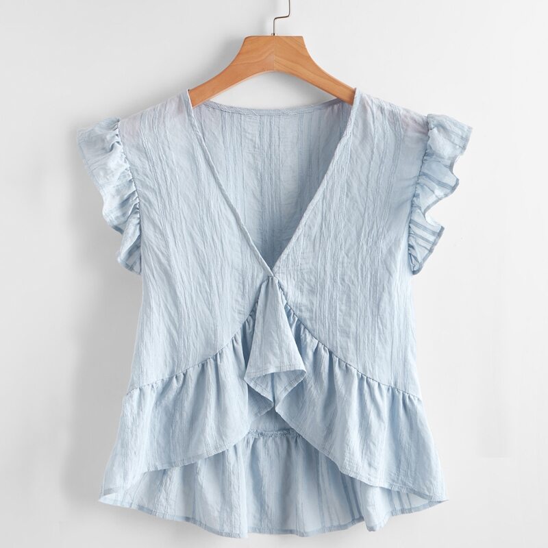

Solid Ruffle-Trim Blouse, Baby blue