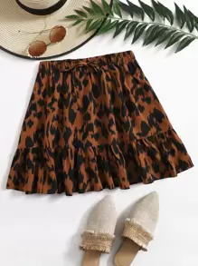 SHEIN Unity 大碼繫帶腰荷葉邊下擺滿版圖案半身裙 - 彩色 - 查看 1