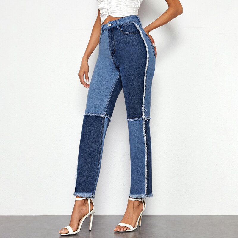 

High Waist Raw Hem Jeans, Blue