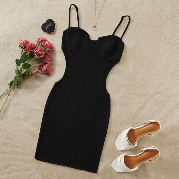 

Plus Cutout Waist Rib-knit Bodycon Dress, Black