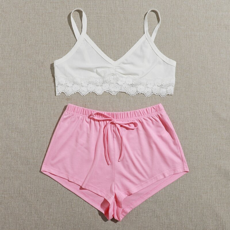 

Lace Trim Crop Cami PJ Set, Multicolor