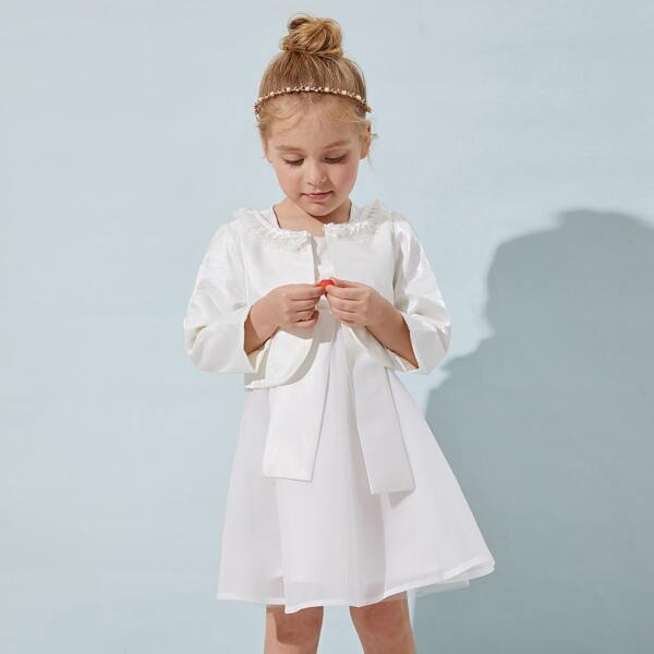 

Toddler Girls Frill Trim Open Front Satin Crop Jacket, Beige