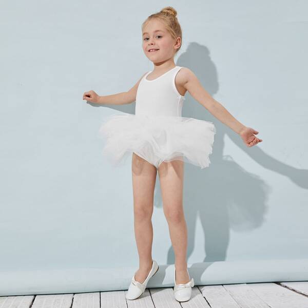 

Toddler Girls Layered Sheer Mesh Hem Solid Ballet Dress, White