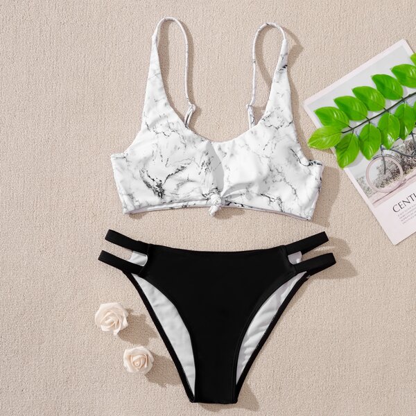 

Marble Pattern Knot Hem Bikini Swimsuit, Multicolor