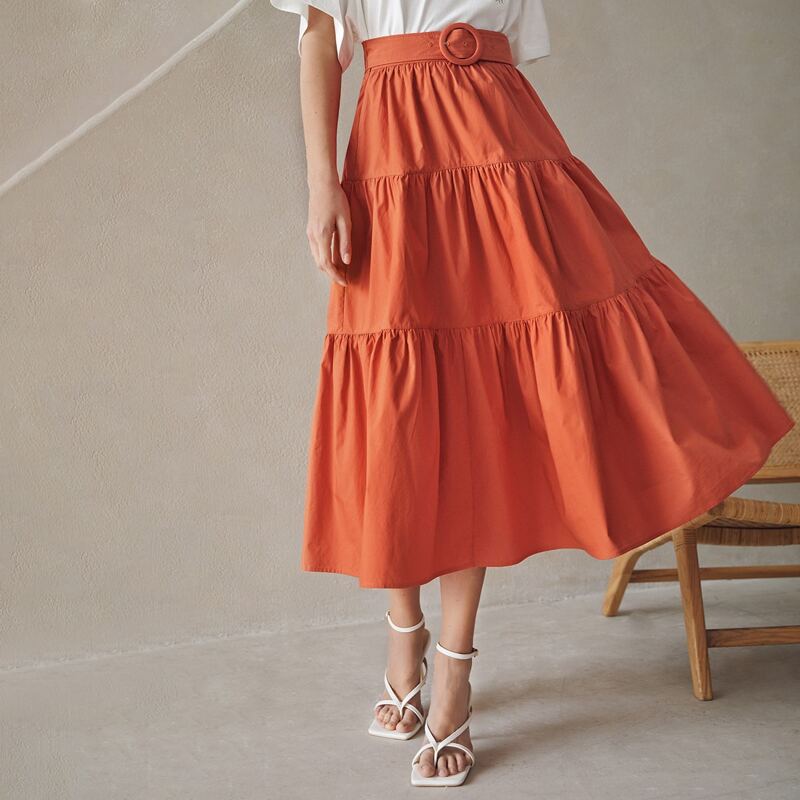 

Tiered Hem Buckle Belted Skirt, Orange