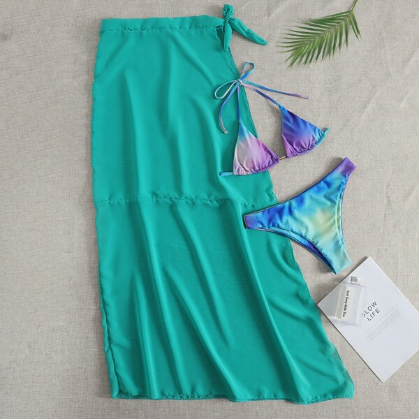 

3pack Tie Dye Micro Triangle Bikini Swimsuit & Beach Skirt, Multicolor