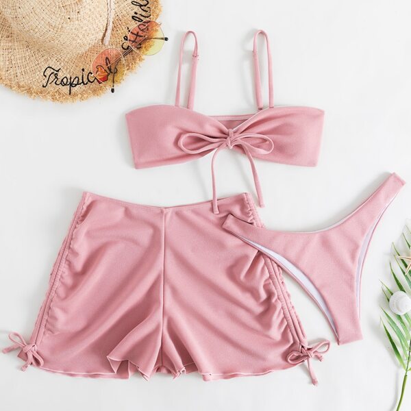 

3pack Knot Detail Bikini Swimsuit & Shorts, Dusty pink