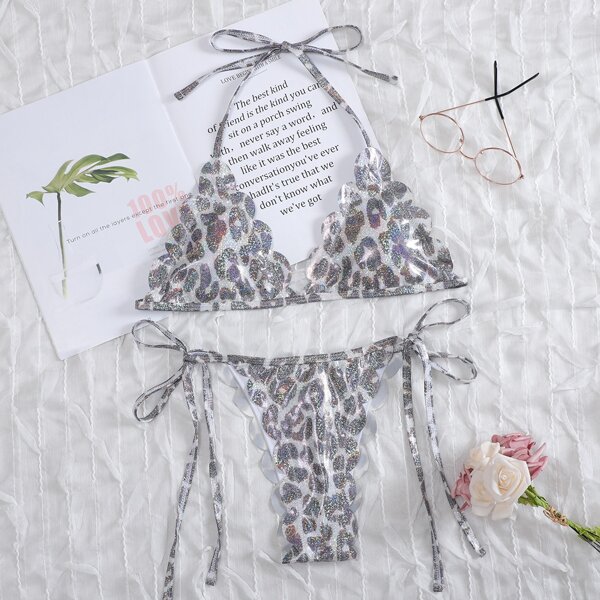 

Leopard Metallic Scallop Trim Thong Bikini Swimsuit, Multicolor