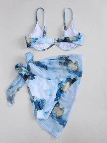 3 件装水彩钢圈比基尼套装和沙滩裙，适合夏季度假 - 藍色 - 查看 2